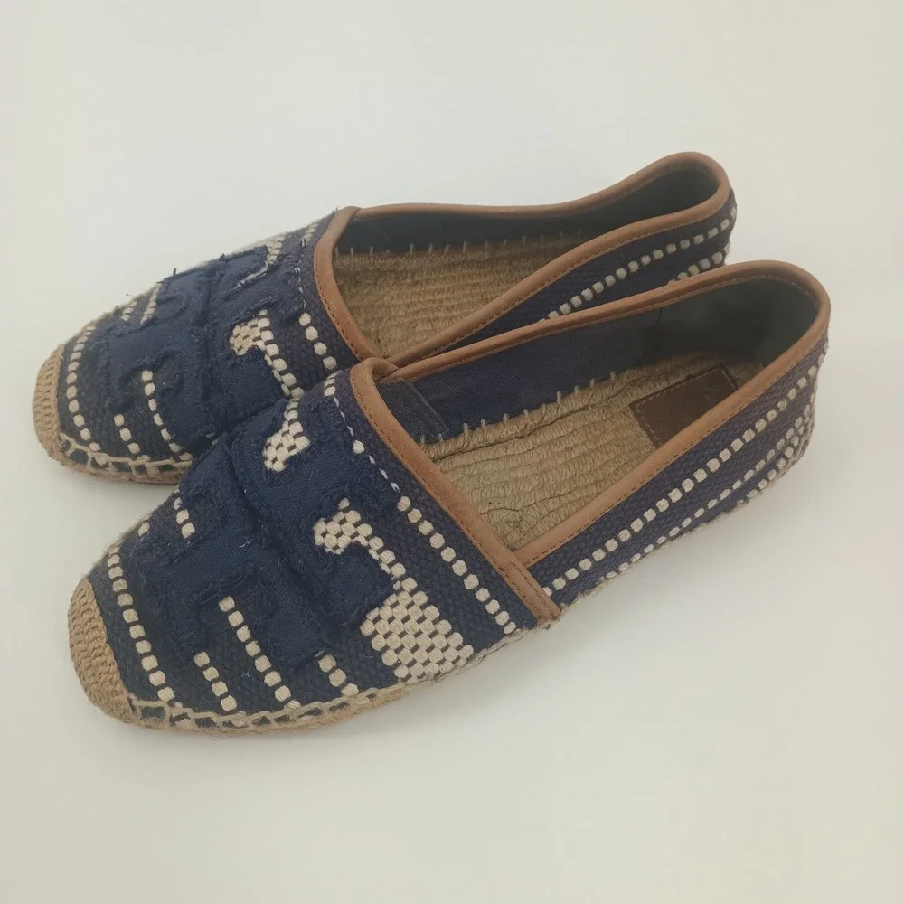 Tory Burch Navy Blue Canvas Woven Espadrille Flats Double T Logo Size 8